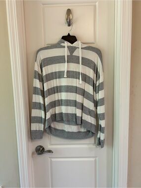 Striped Lightweight Hoodie Sweater - Gray & White
